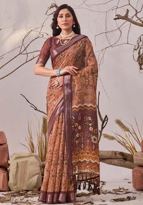 Bronze Motif Faux Linen Saree Set