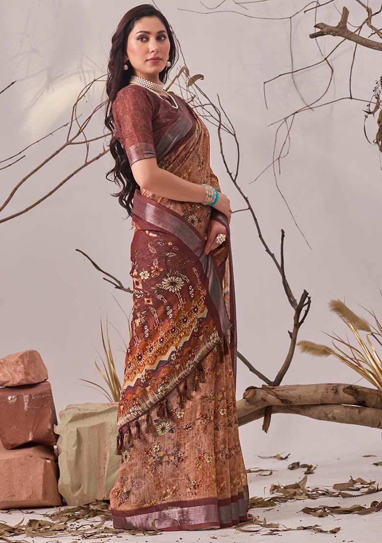 Bronze Motif Faux Linen Saree Set - Indya