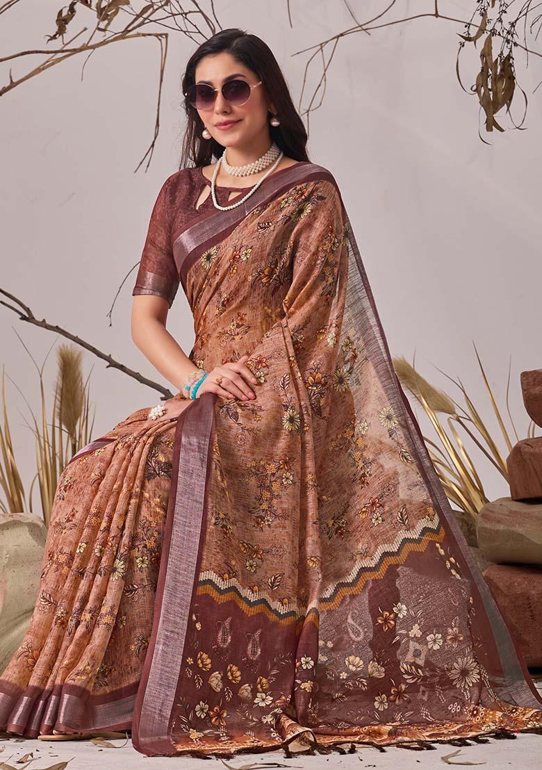 Bronze Motif Faux Linen Saree Set - Indya