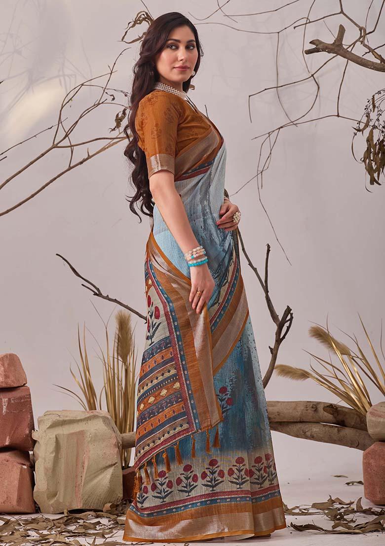 Blue Motif Faux Linen Saree Set - Indya