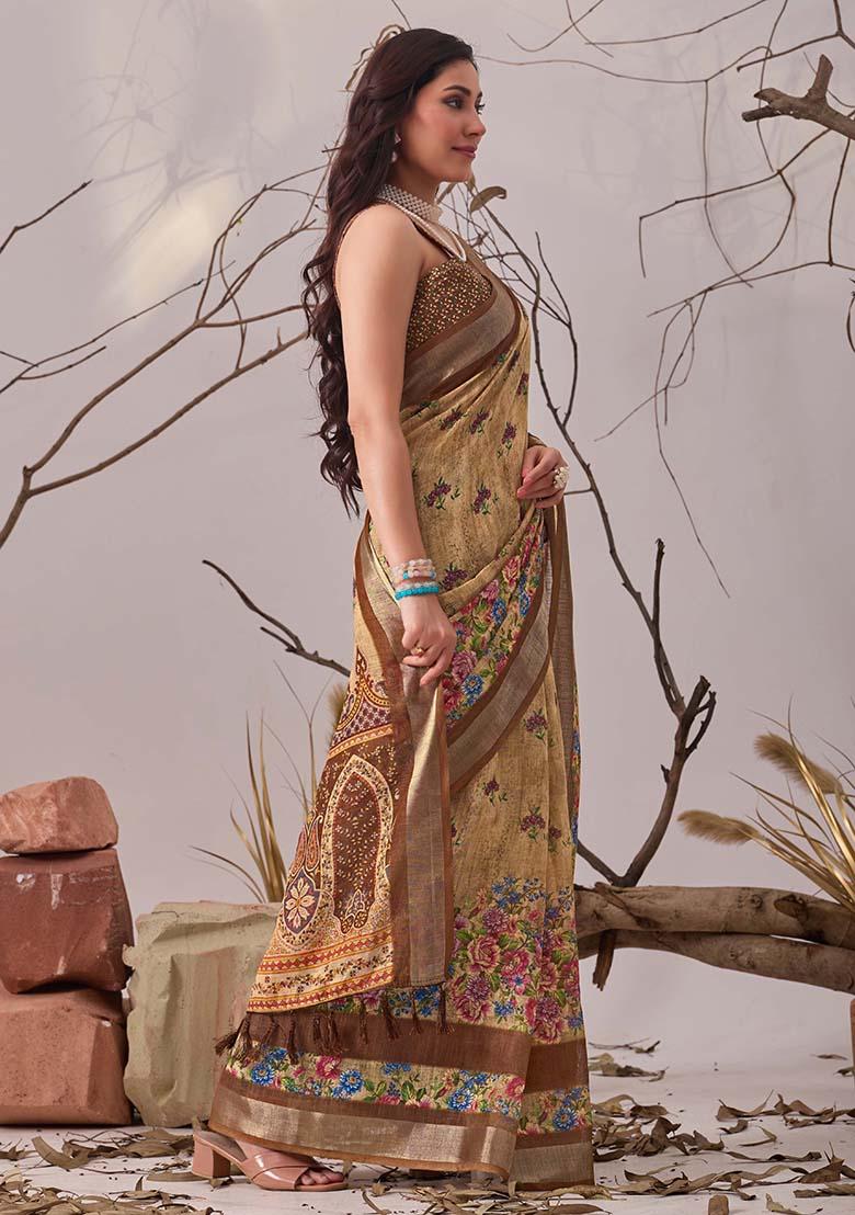 Beige Motif Faux Linen Saree Set - Indya