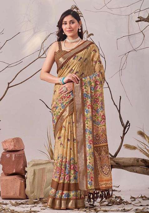 Beige Motif Faux Linen Saree Set