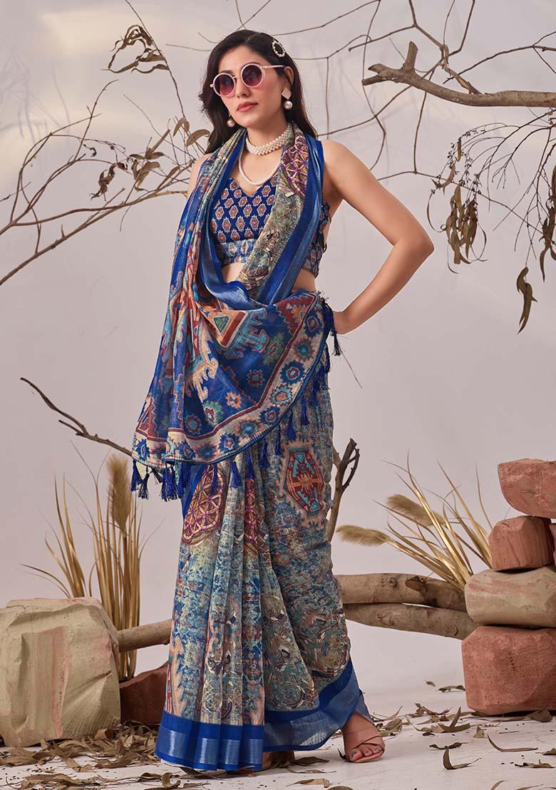 Navy Blue Motif Faux Linen Saree Set - Indya