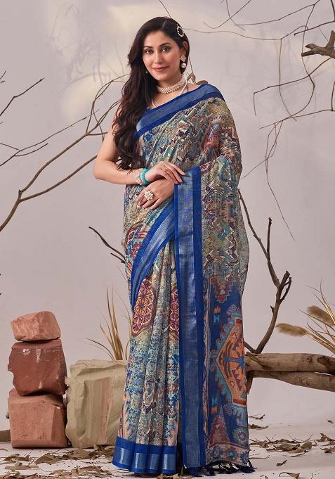 Navy Blue Motif Faux Linen Saree Set