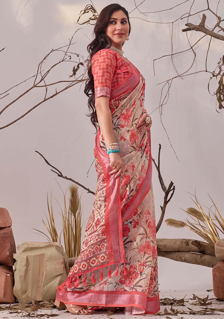 Peach Motif Faux Linen Saree Set - Indya