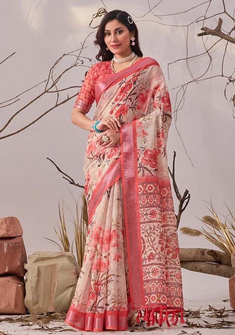 Peach Motif Faux Linen Saree Set