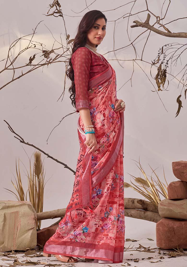 Rose Motif Faux Linen Saree Set - Indya