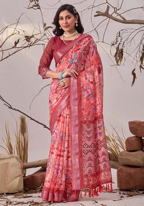 Rose Motif Faux Linen Saree Set