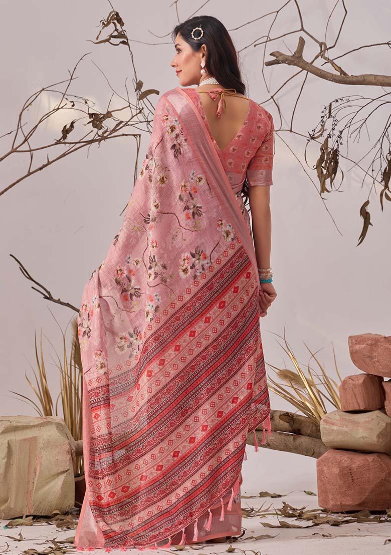 Mauve Motif Faux Linen Saree Set - Indya