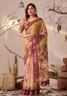 Mustard Motif Faux Linen Saree Set