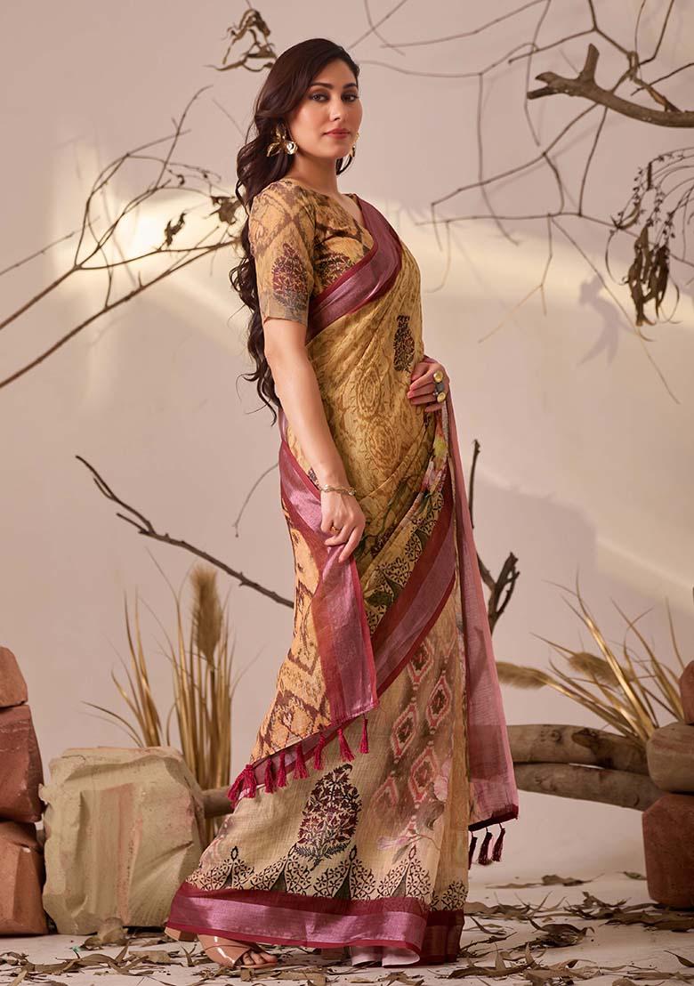 Mustard Motif Faux Linen Saree Set - Indya