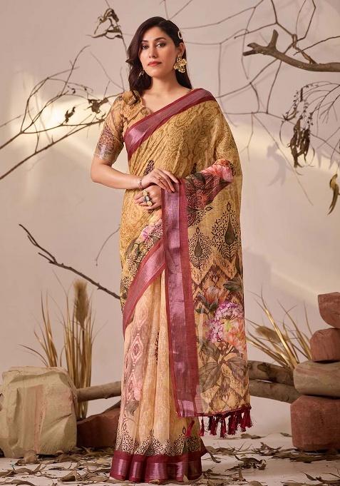 Mustard Motif Faux Linen Saree Set