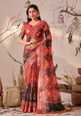 Red Motif Faux Linen Saree Set