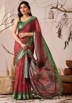 Maroon Motif Faux Linen Saree Set