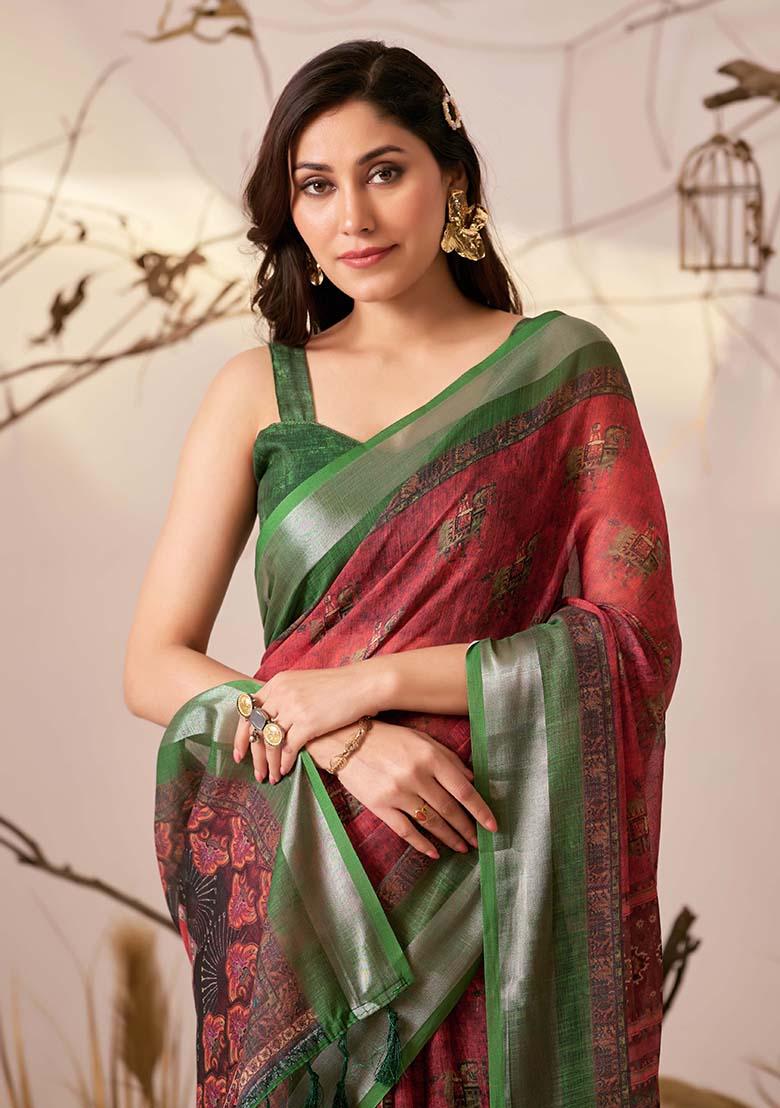 Maroon Motif Faux Linen Saree Set - Indya