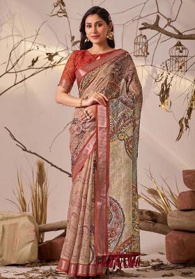 Light Beige Motif Faux Linen Saree Set