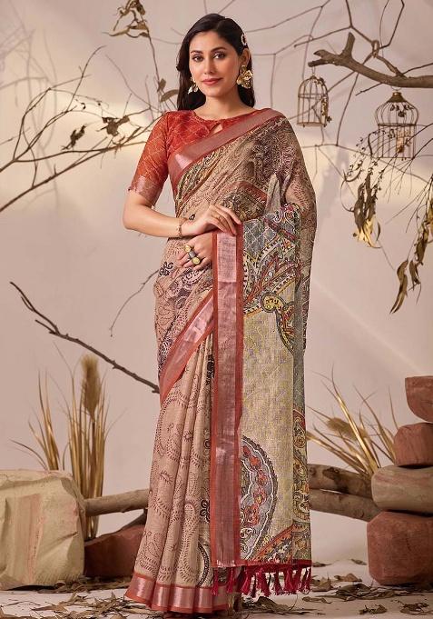 Light Beige Motif Faux Linen Saree Set