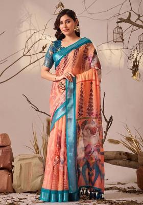 Peach Motif Faux Linen Saree Set