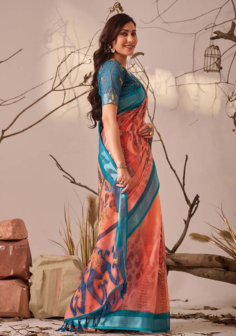 Peach Motif Faux Linen Saree Set - Indya