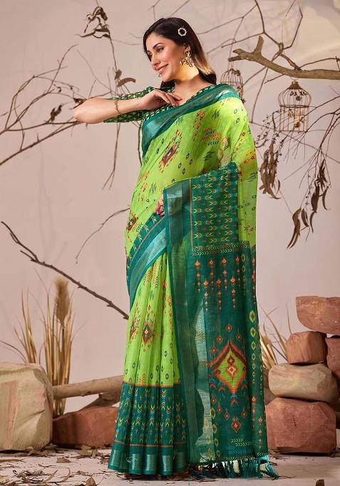 Green Motif Faux Linen Saree Set