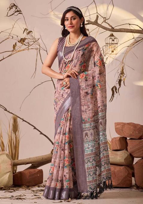 Mauve Motif Faux Linen Saree Set