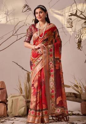Red Motif Faux Linen Saree Set
