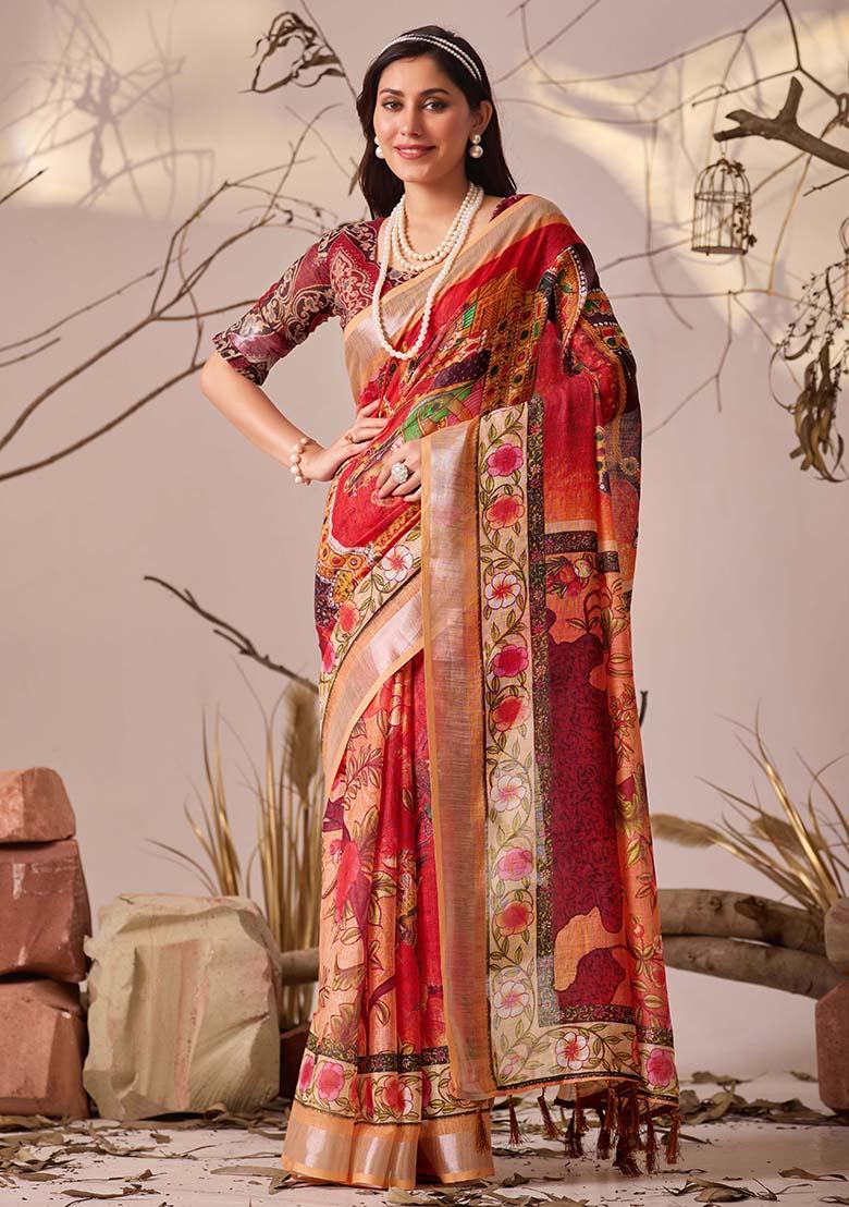 Red Motif Faux Linen Saree Set - Indya