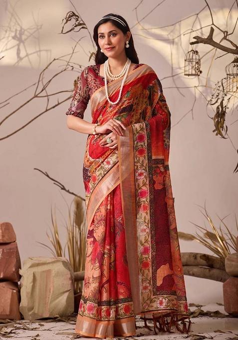 Red Motif Faux Linen Saree Set
