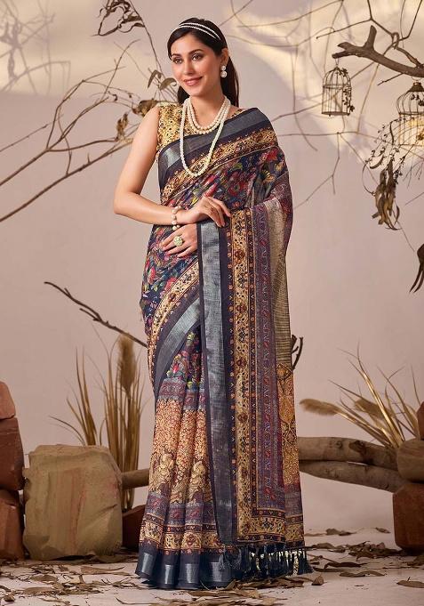 Navy Blue Motif Faux Linen Saree Set