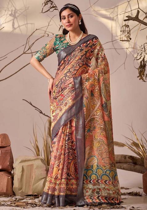 Orange Motif Faux Linen Saree Set