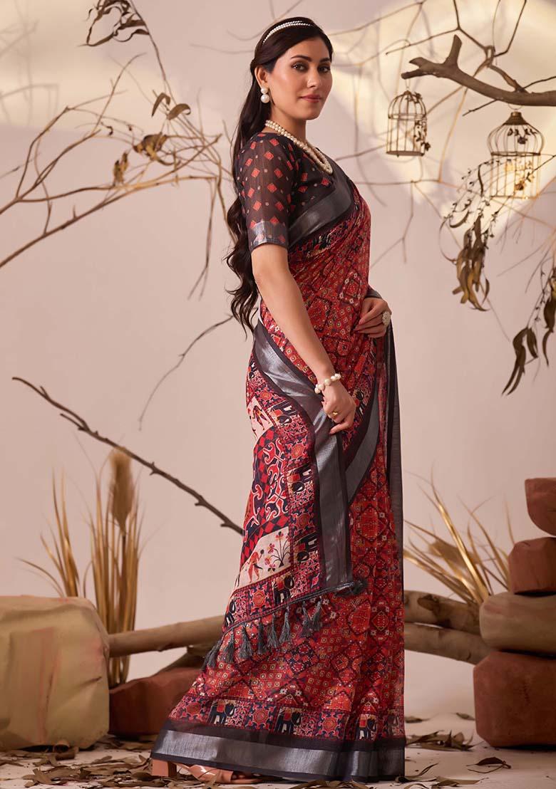 Red Motif Faux Linen Saree Set - Indya