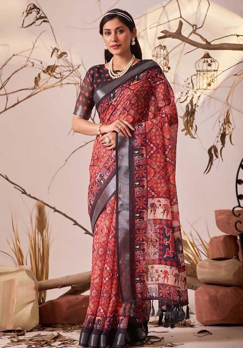 Red Motif Faux Linen Saree Set