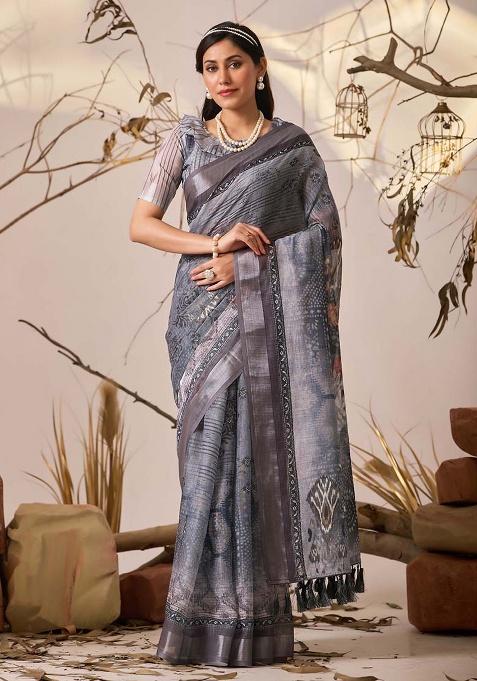 Light Grey Motif Faux Linen Saree Set