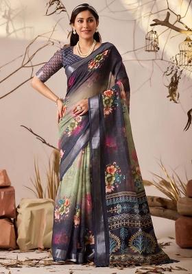 Navy Blue Motif Faux Linen Saree Set