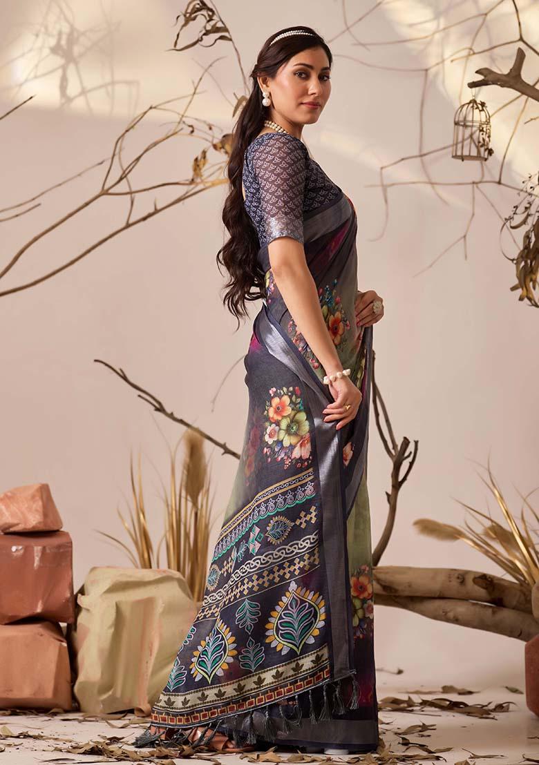 Navy Blue Motif Faux Linen Saree Set - Indya