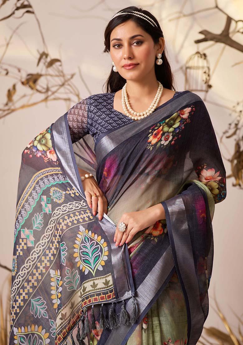 Navy Blue Motif Faux Linen Saree Set - Indya