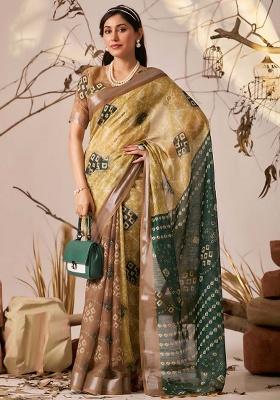 Mustard Motif Faux Linen Saree Set