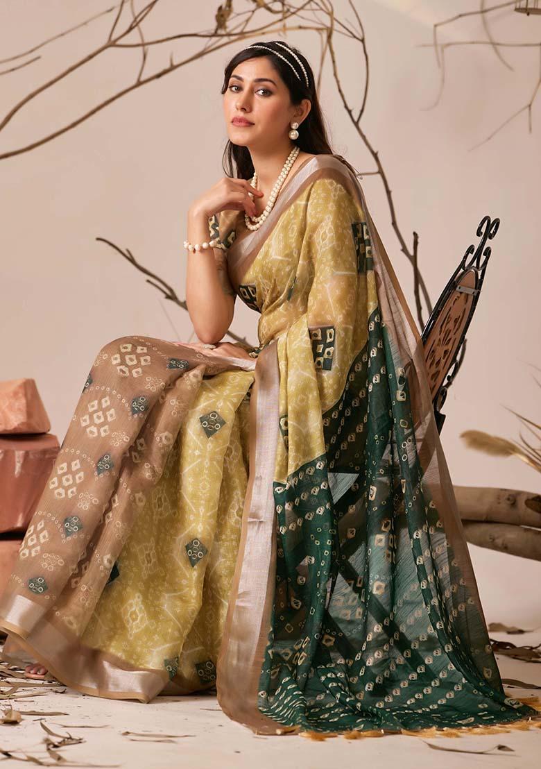 Mustard Motif Faux Linen Saree Set - Indya