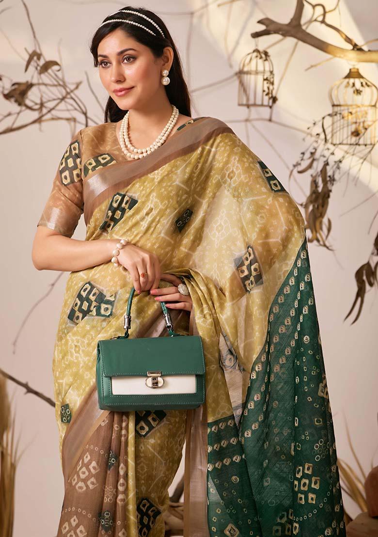 Mustard Motif Faux Linen Saree Set - Indya