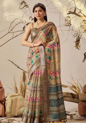 Beige Motif Faux Linen Saree Set