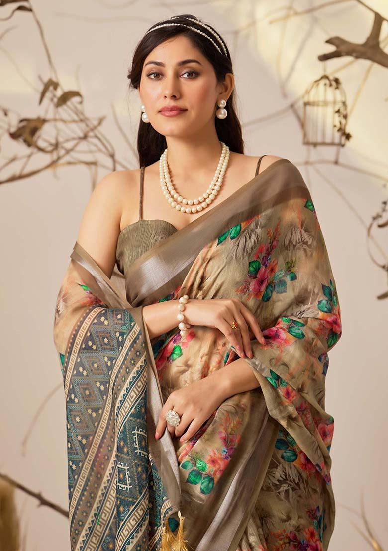 Beige Motif Faux Linen Saree Set - Indya