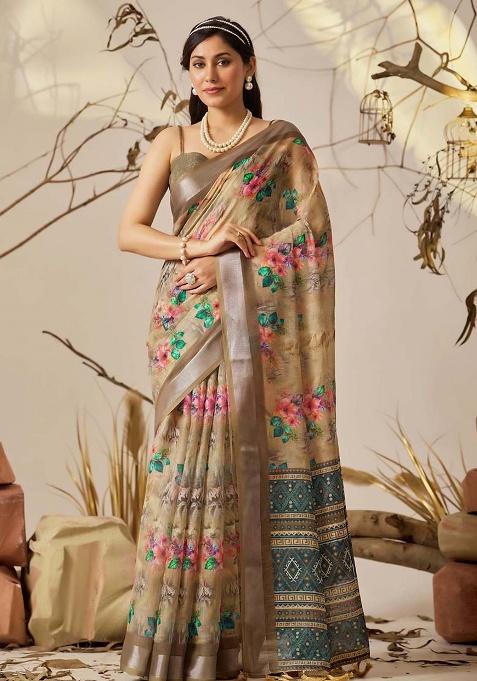Beige Motif Faux Linen Saree Set