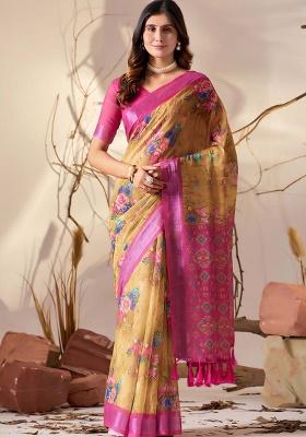 Gold Motif Faux Linen Saree Set