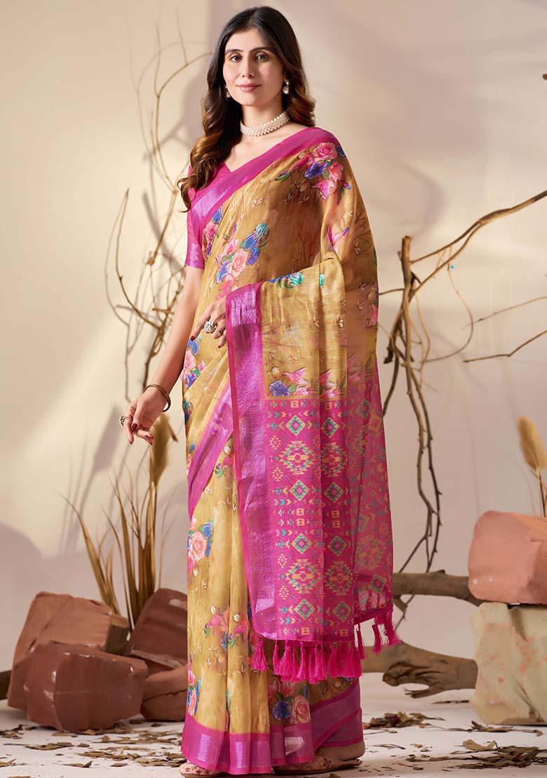 Gold Motif Faux Linen Saree Set - Indya