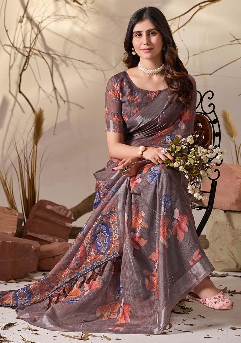 Light Brown Motif Faux Linen Saree Set - Indya