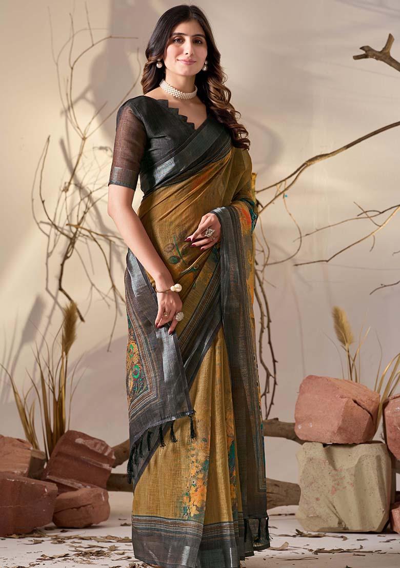 Mustard Motif Faux Linen Saree Set - Indya