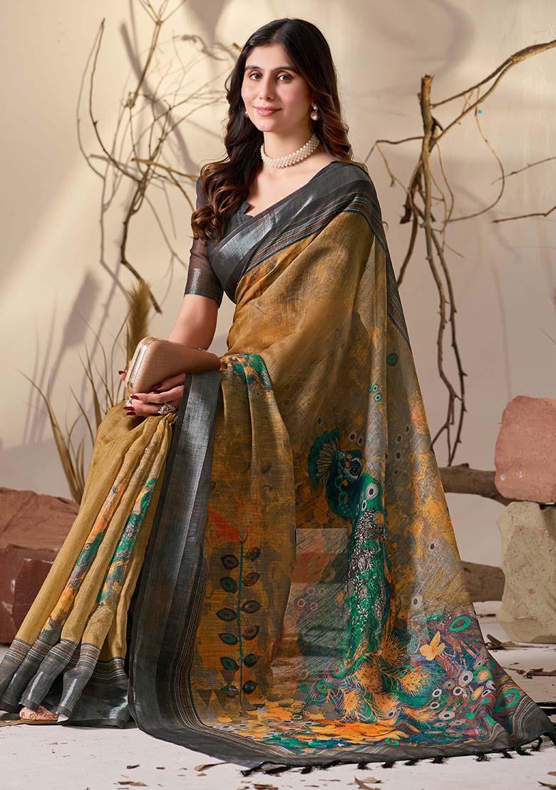 Mustard Motif Faux Linen Saree Set - Indya
