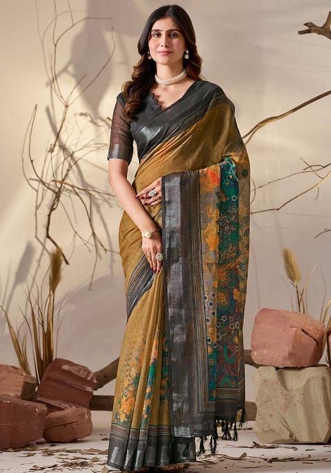 Mustard Motif Faux Linen Saree Set