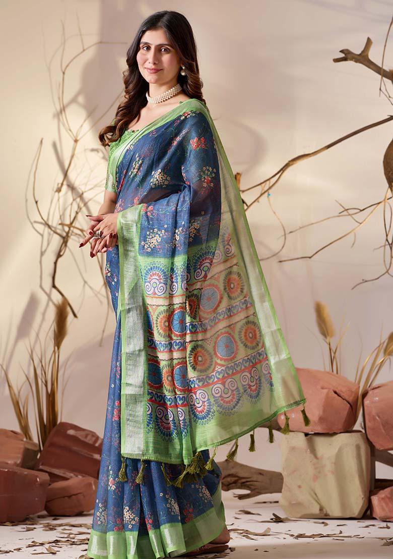 Navy Blue Motif Faux Linen Saree Set - Indya
