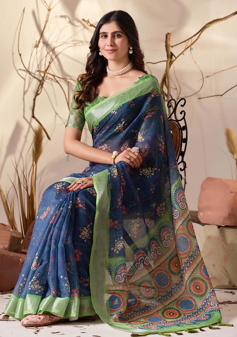 Navy Blue Motif Faux Linen Saree Set - Indya